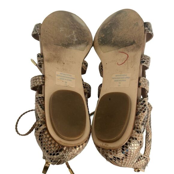 Marc Fisher Tan Snake Skin Print Gladiator Sandals Size 7 Back Zip Flats - Picture 10 of 11